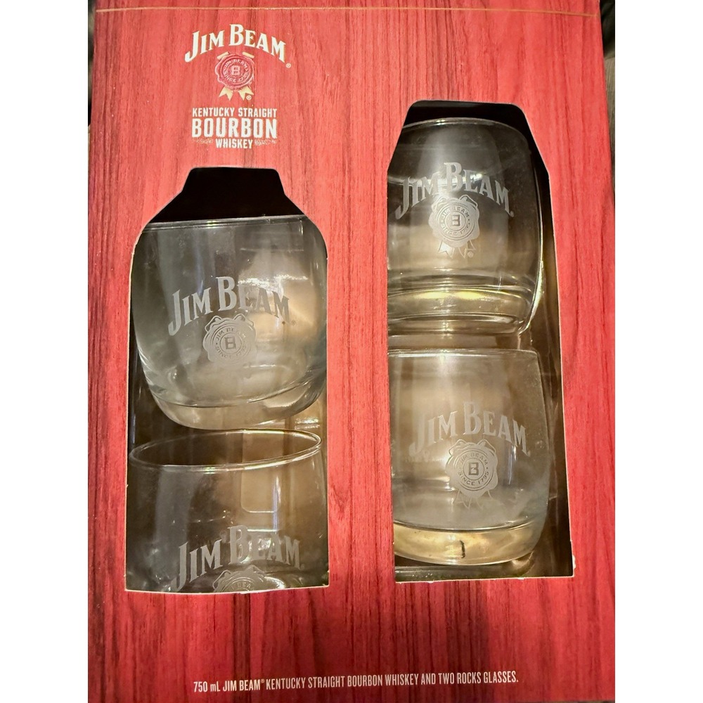 Jim Beam Kentucky Straight Bourbon Whiskey Gift Set w/ 3Clear Rocks Glasses Box
